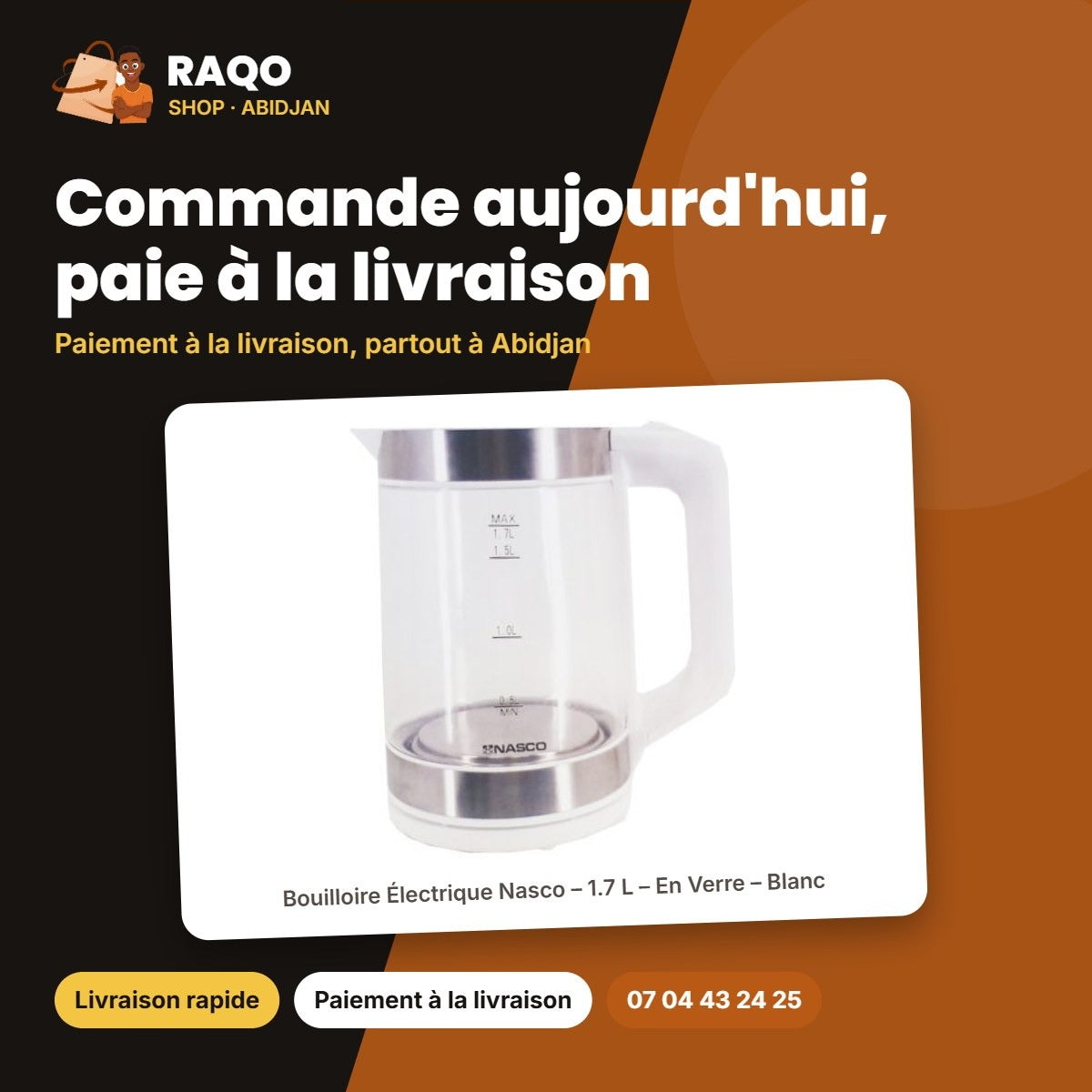 Bouilloire Électrique Nasco – 1.7 L – En Verre – Blanc | B_KEG-1706
