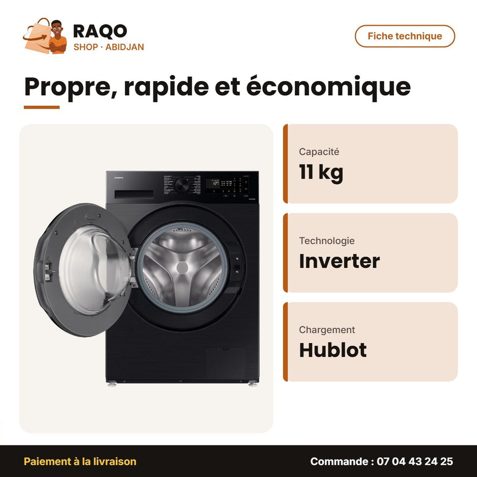 Machine à Laver 11kg Samsung – Front Load – Digital Inverter – Noir | WW11CGC04DABNQ