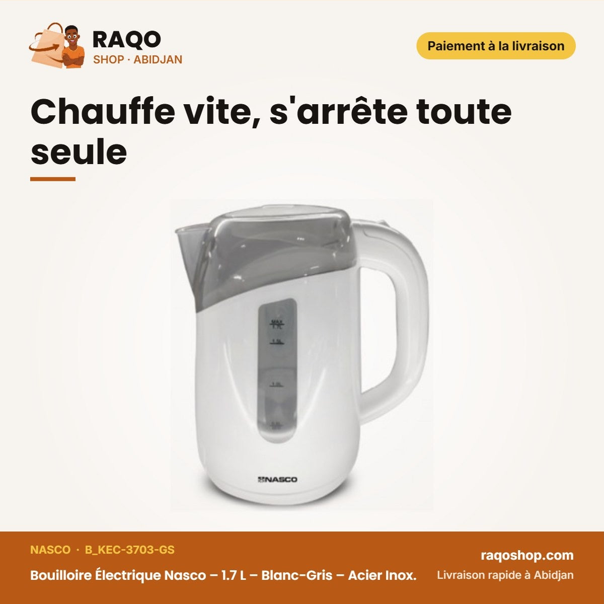 Bouilloire Élec.. Nasco – 1.7 L – Blanc-Gris – Acier Inox. | B_KEC-3703-GS
