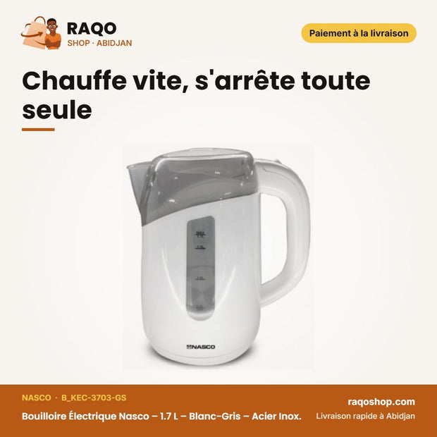 Bouilloire Élec.. Nasco – 1.7 L – Blanc-Gris – Acier Inox. | B_KEC-3703-GS