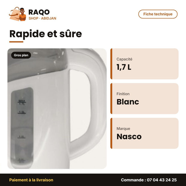 Bouilloire Élec.. Nasco – 1.7 L – Blanc-Gris – Acier Inox. | B_KEC-3703-GS
