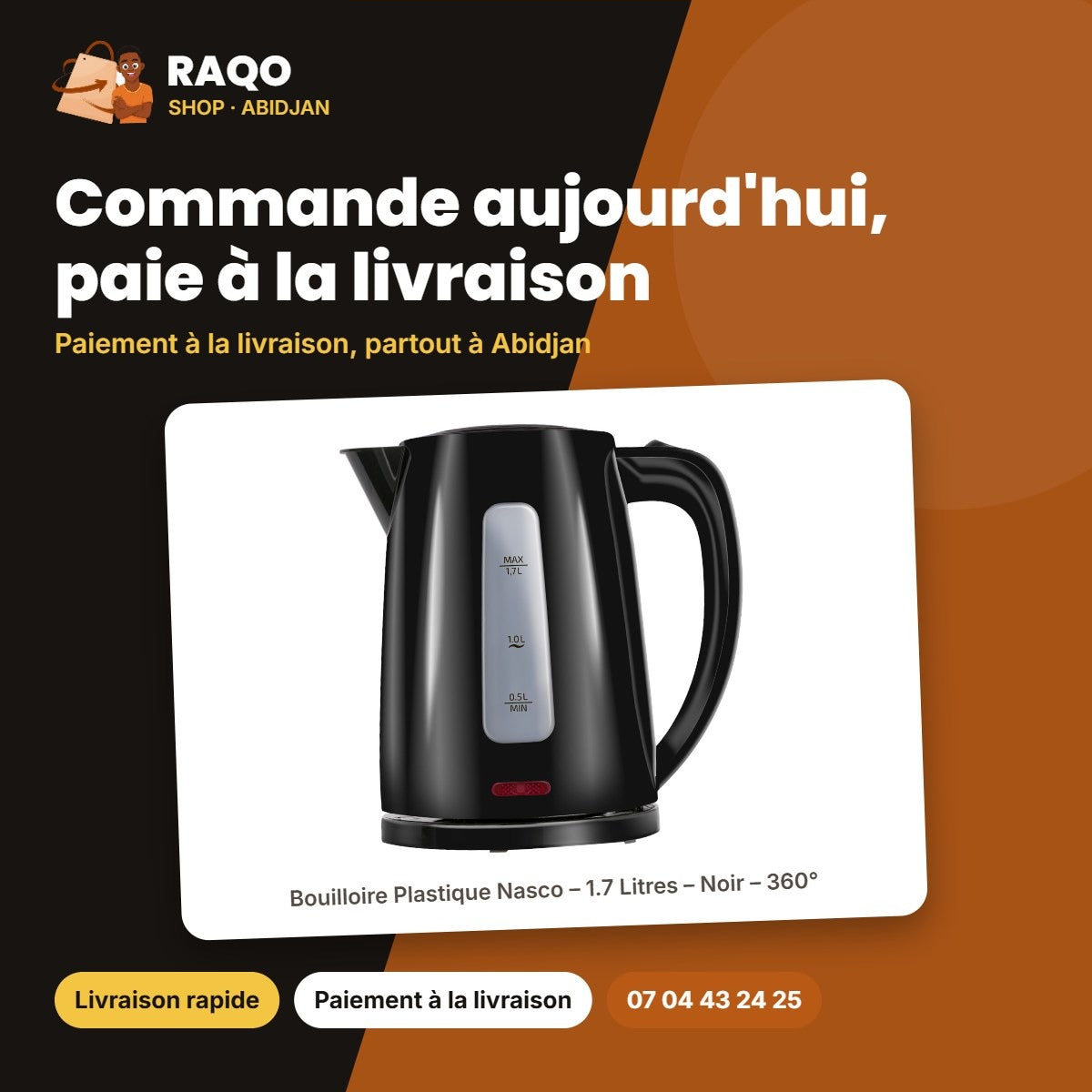 Bouilloire Plastique Nasco – 1.7 Litres – Noir – 360° | KEP0301-GS