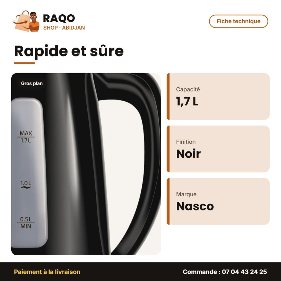 Bouilloire Plastique Nasco – 1.7 Litres – Noir – 360° | KEP0301-GS