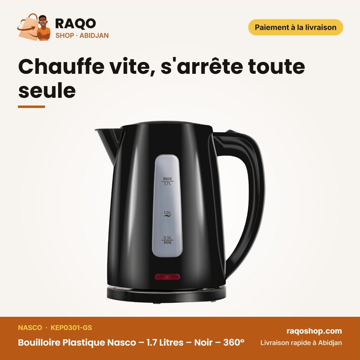 Bouilloire Plastique Nasco – 1.7 Litres – Noir – 360° | KEP0301-GS