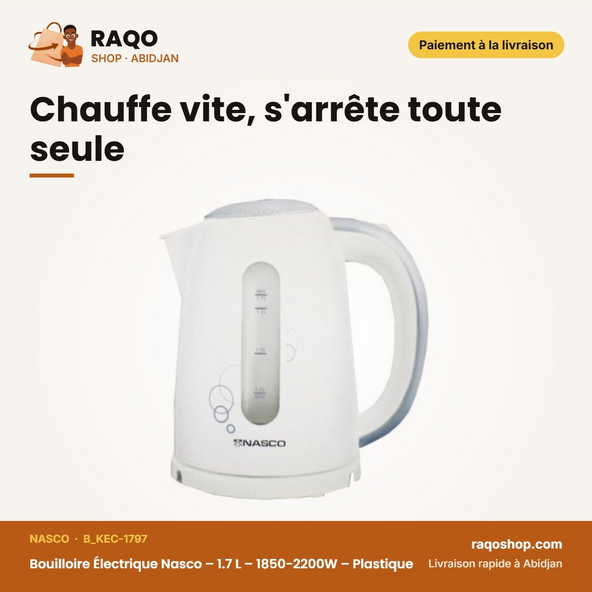 Bouilloire Électrique Nasco – 1.7 L – 1850-2200W – Plastique | B_KEC-1797
