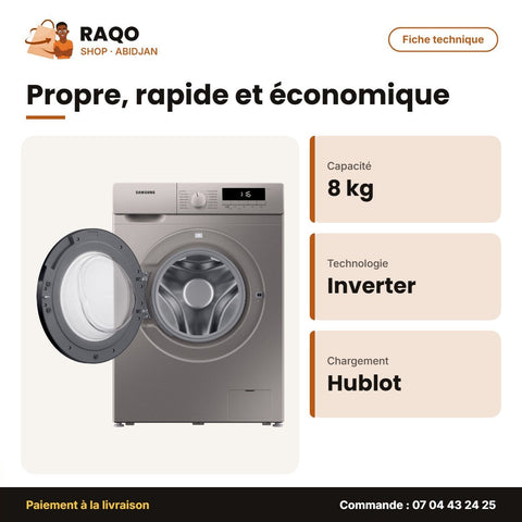 Machine à Laver 8kg Samsung Front Load Automatique – Silver – Digital Inverter | WW80T3040BS/NQ