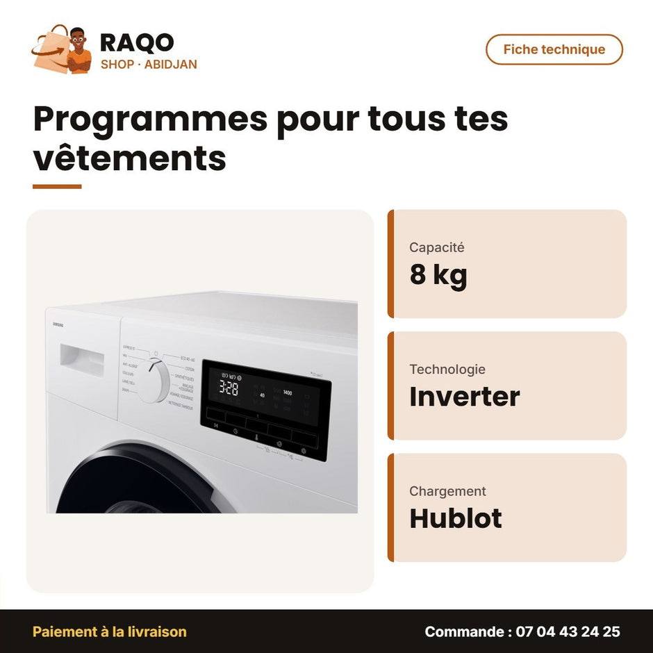 Machine à Laver 8kg Samsung – Front Load – Digital Inverter – Blanc | WW80FG3M05AWNQ