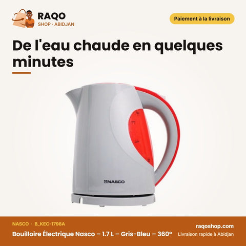 Bouilloire Électrique Nasco – 1.7 L – Gris-Bleu – 360° | B_KEC-1798A