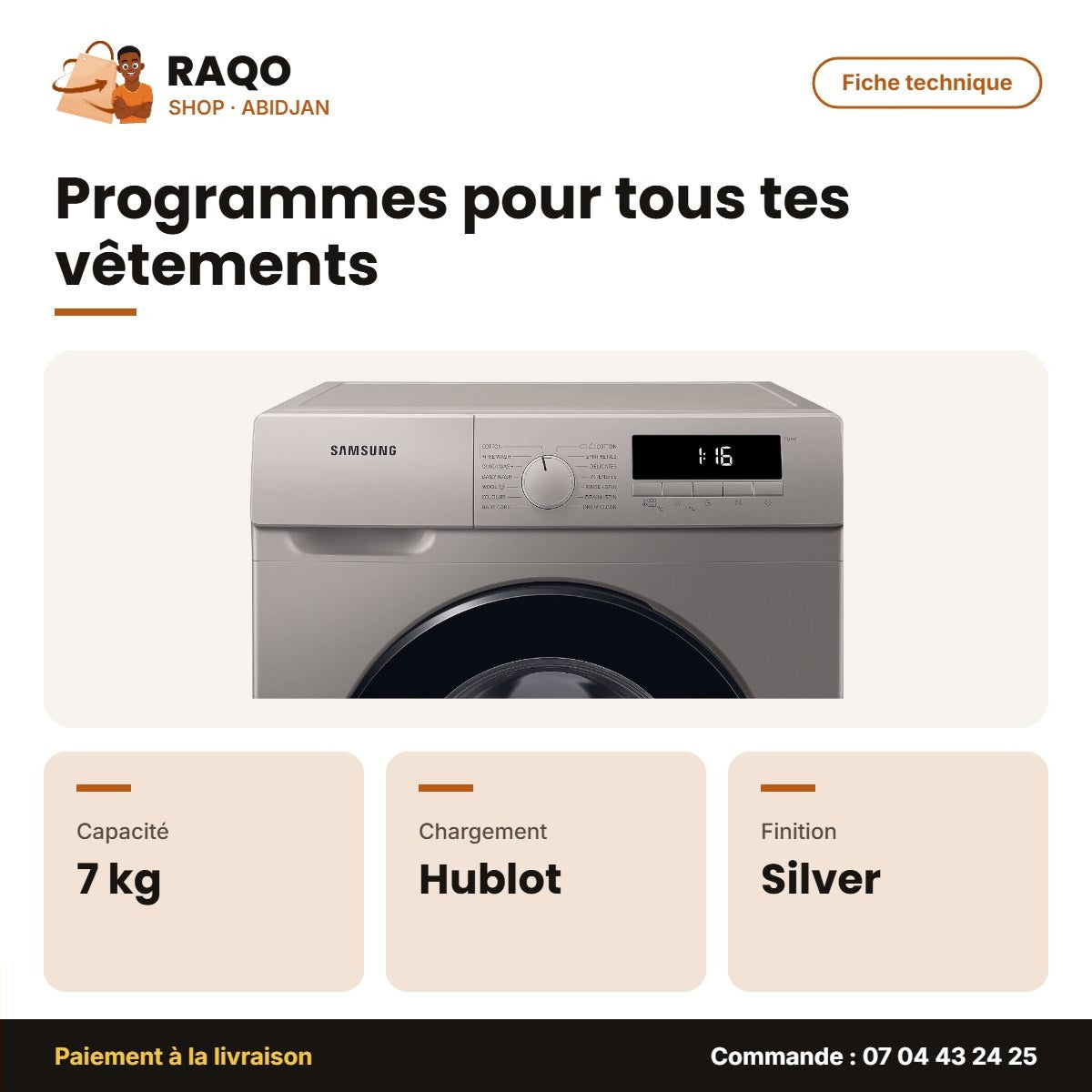 Machine à Laver 7kg Samsung Front Load Automatique Silver | WW70T3010BS/NQ