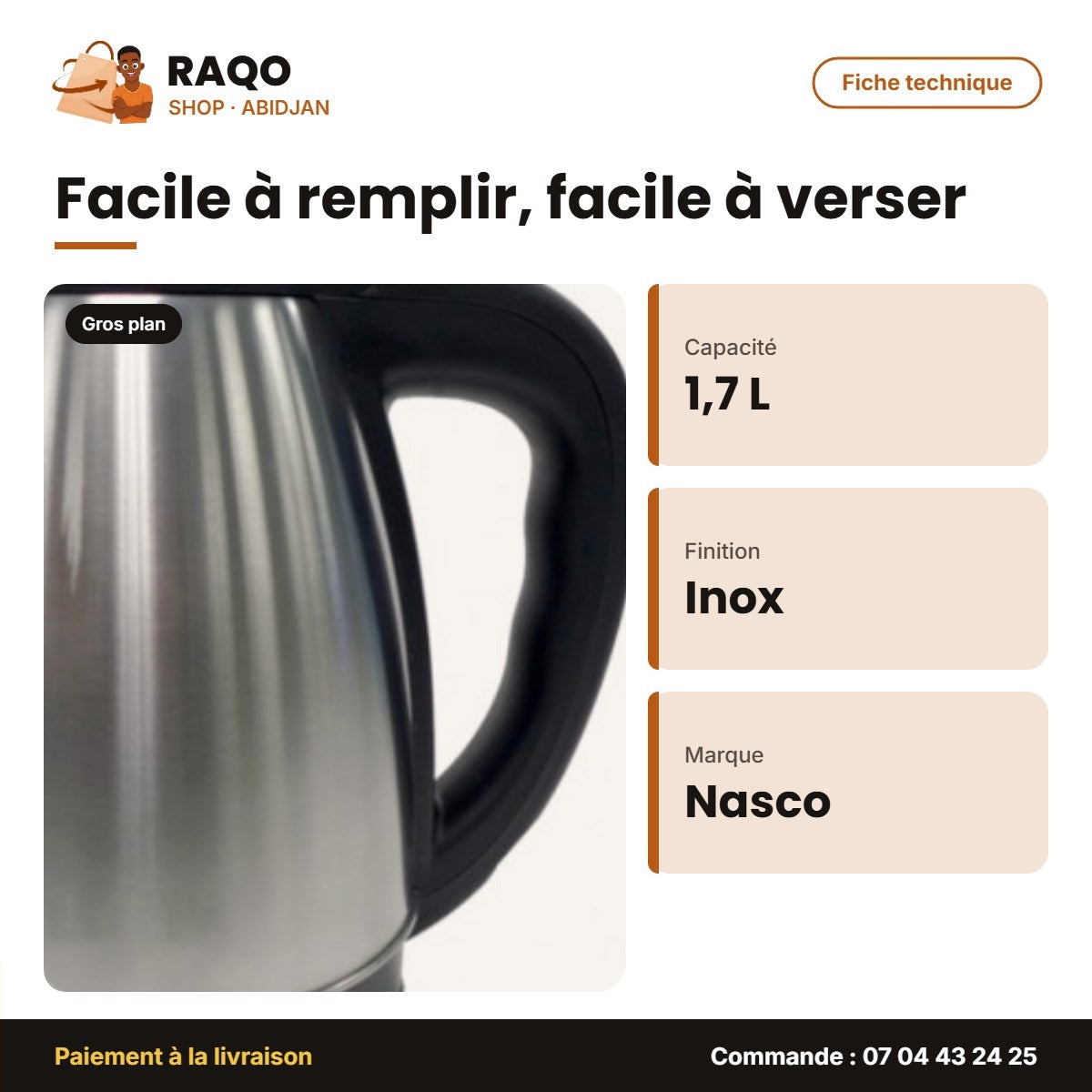 Bouilloire Électrique Nasco – 1.7 L – Stainless Steel – 360° | B_KES4116-GS