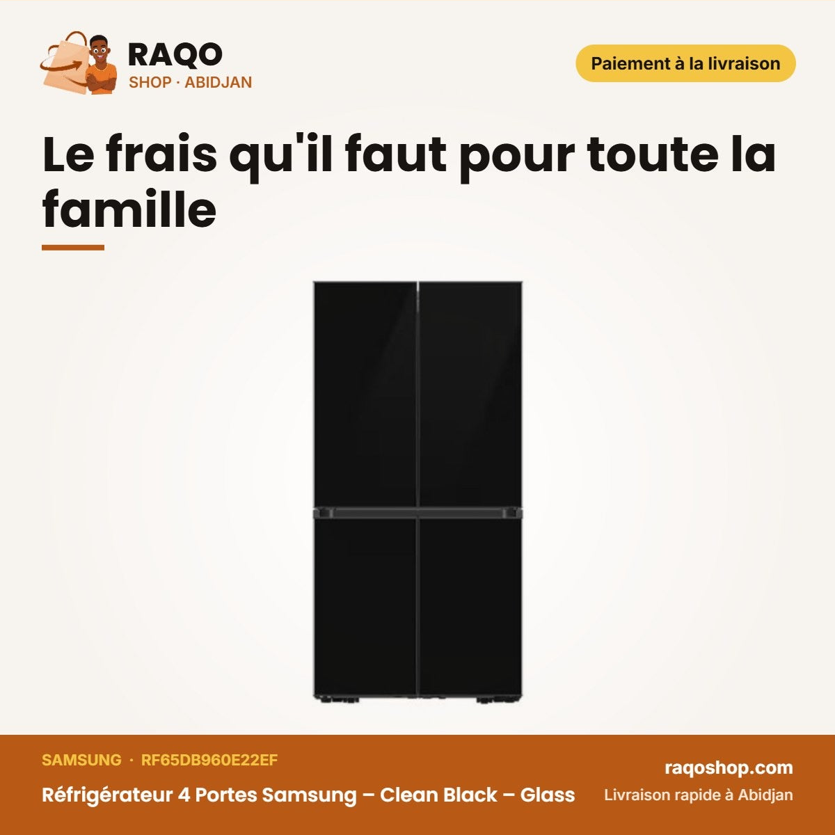 Réfrigérateur 4 Portes Samsung – Clean Black – Glass – 646L (396L+250L) | RF65DB960E22EF