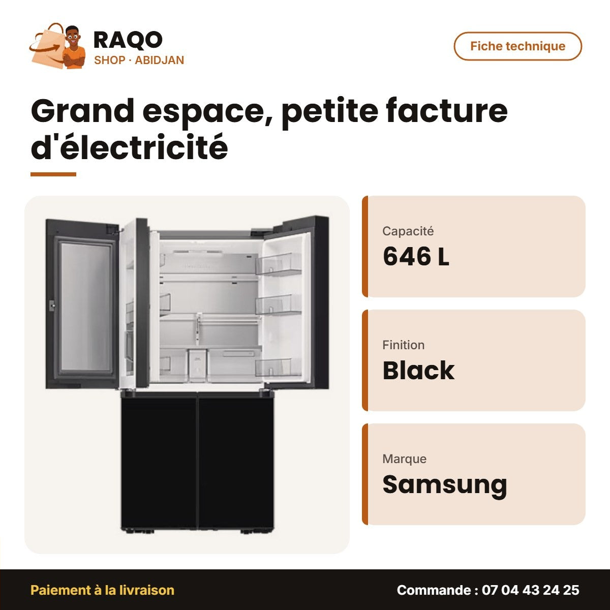 Réfrigérateur 4 Portes Samsung – Clean Black – Glass – 646L (396L+250L) | RF65DB960E22EF