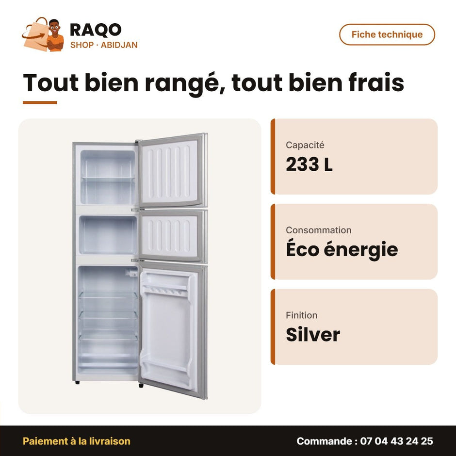Réfrigérateur 3 Portes Nasco – 233 L – Silver – Economie D'energie | NASD3-233FL