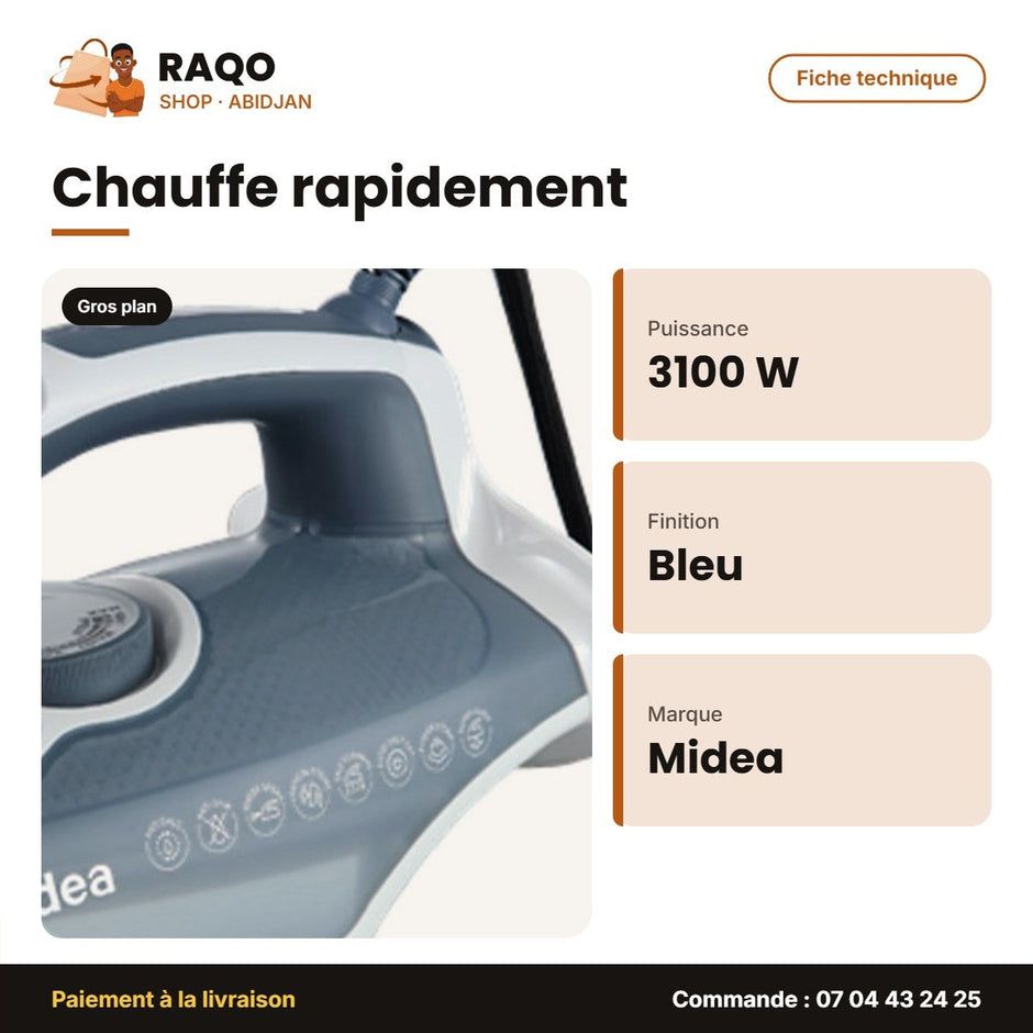 Fer à Repasser à Vapeur Midea – Réservoir D'eau 350ML – Bleu-Blanc – 2700-3100W | YPJ26A1W