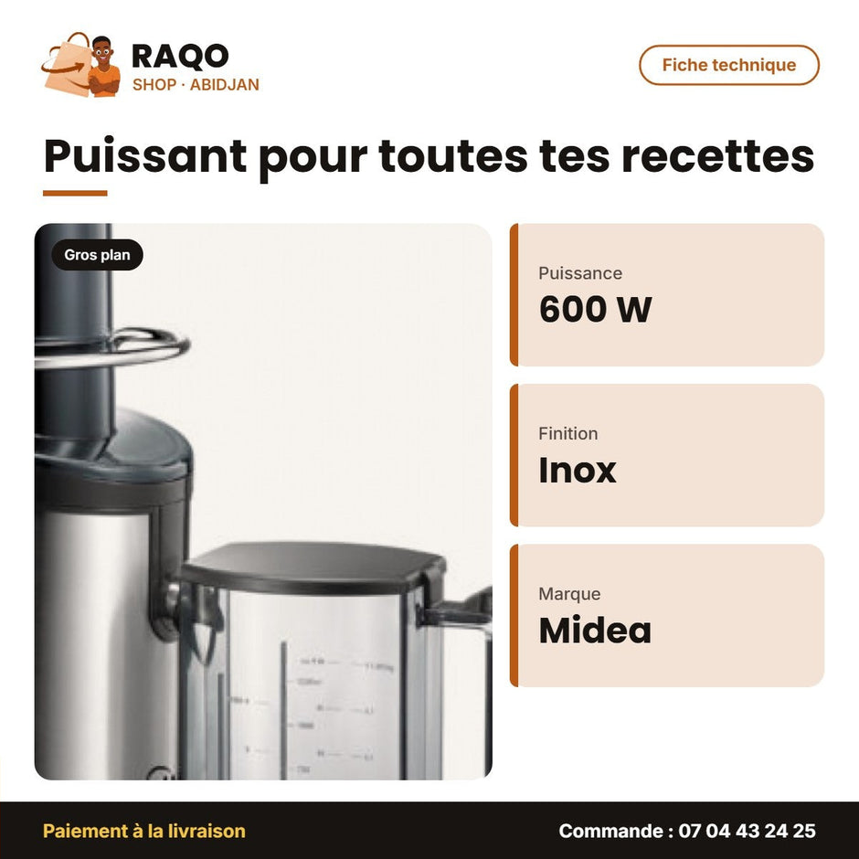 Extracteur de Jus Midea 600W – 1250ML – Inox-Noir – Bol Plastique | MIDEA_MJ-60JM01B