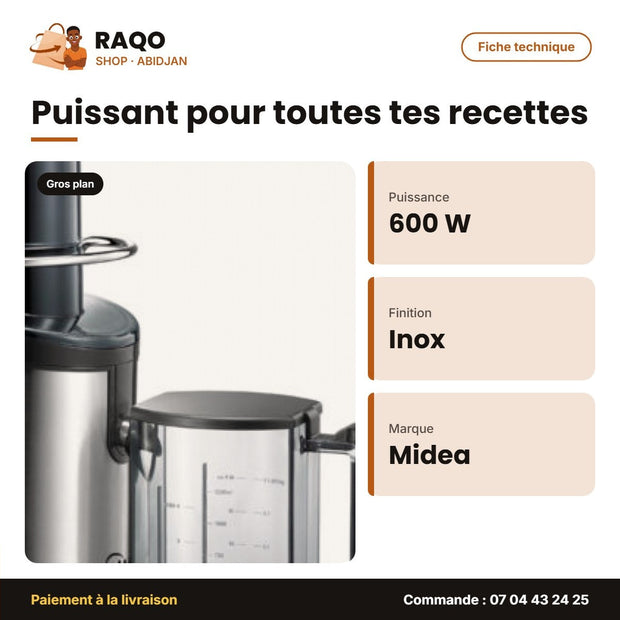 Extracteur de Jus Midea 600W – 1250ML – Inox-Noir – Bol Plastique | MIDEA_MJ-60JM01B
