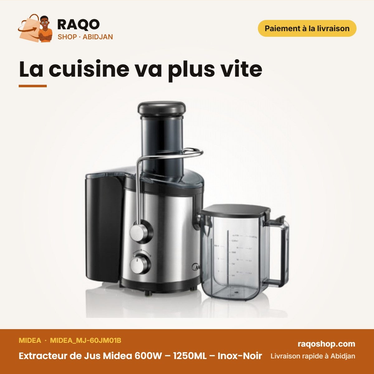 Extracteur de Jus Midea 600W – 1250ML – Inox-Noir – Bol Plastique | MIDEA_MJ-60JM01B