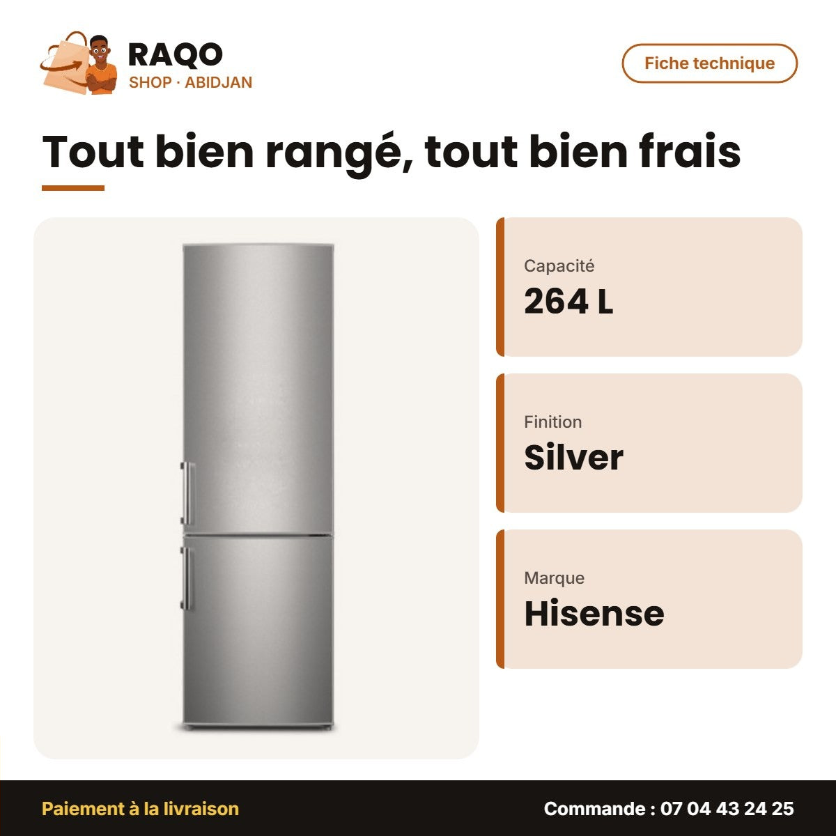 Réfrigérateur Combiné Hisense – A+ – Silver – 264L NET(198+66) | RD-35DC4SA