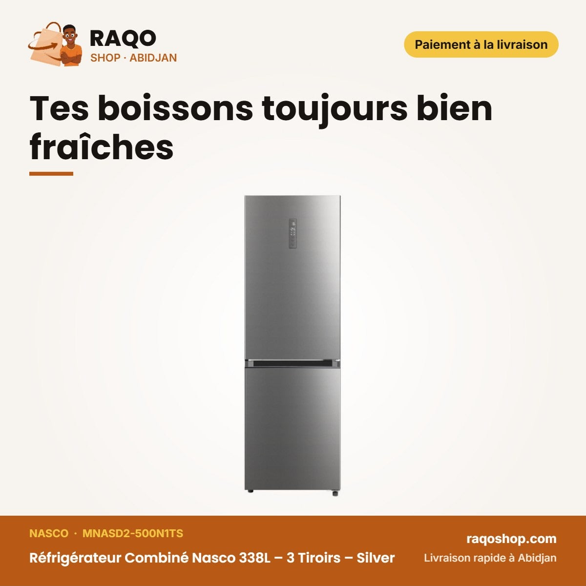 Réfrigérateur Combiné Nasco 338L – 3 Tiroirs – Silver | MNASD2-500N1TS