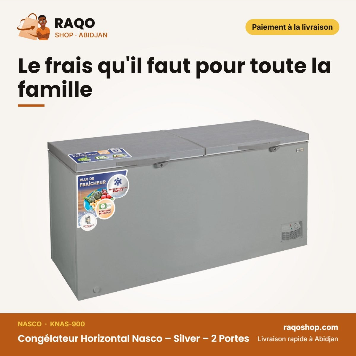 Congélateur Horizontal Nasco – Silver – 2 Portes – 2 Paniers Int. | KNAS-900