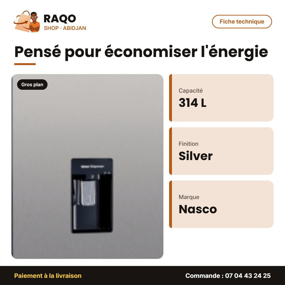 Réfrigérateur Combiné Nasco – 314L Net – 3 Tiroirs – Silver | SNASD2-450N1WD