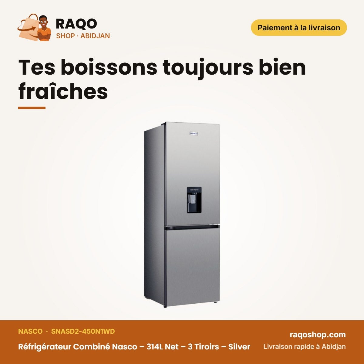 Réfrigérateur Combiné Nasco – 314L Net – 3 Tiroirs – Silver | SNASD2-450N1WD