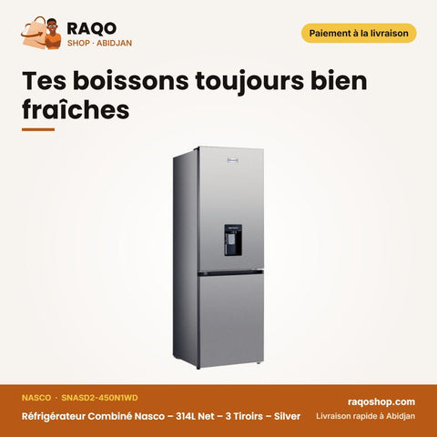 Réfrigérateur Combiné Nasco – 314L Net – 3 Tiroirs – Silver | SNASD2-450N1WD