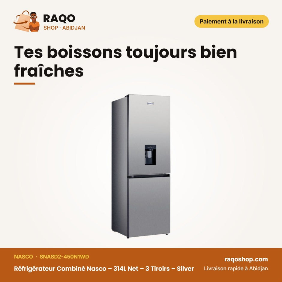 Réfrigérateur Combiné Nasco – 314L Net – 3 Tiroirs – Silver | SNASD2-450N1WD