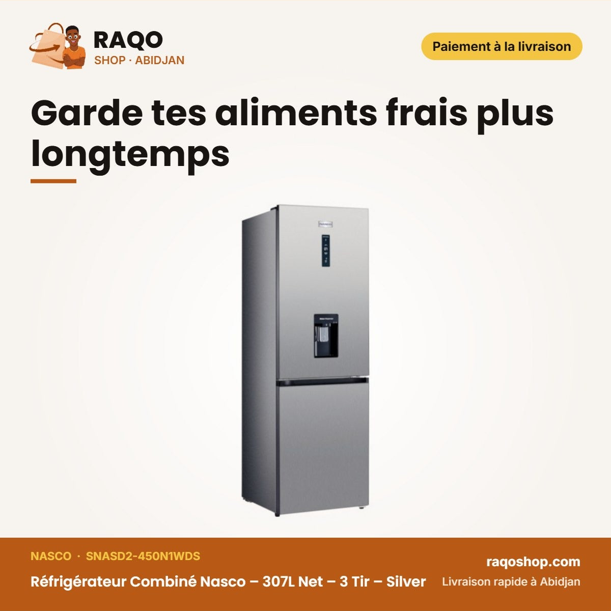 Réfrigérateur Combiné Nasco – 307L Net – 3 Tir – Silver | SNASD2-450N1WDS