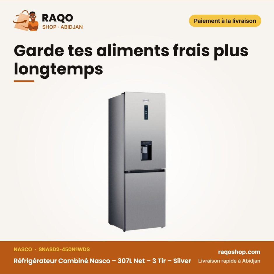 Réfrigérateur Combiné Nasco – 307L Net – 3 Tir – Silver | SNASD2-450N1WDS
