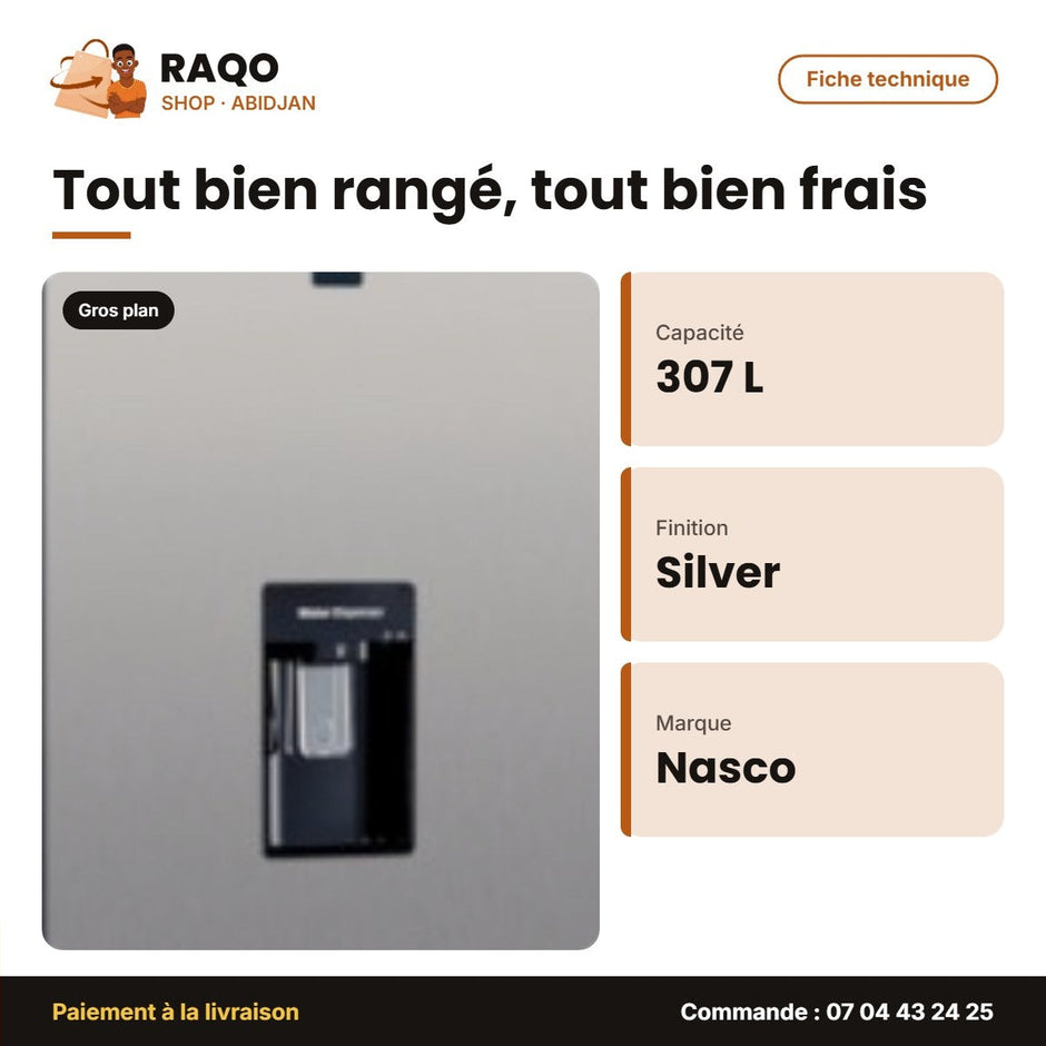 Réfrigérateur Combiné Nasco – 307L Net – 3 Tir – Silver | SNASD2-450N1WDS