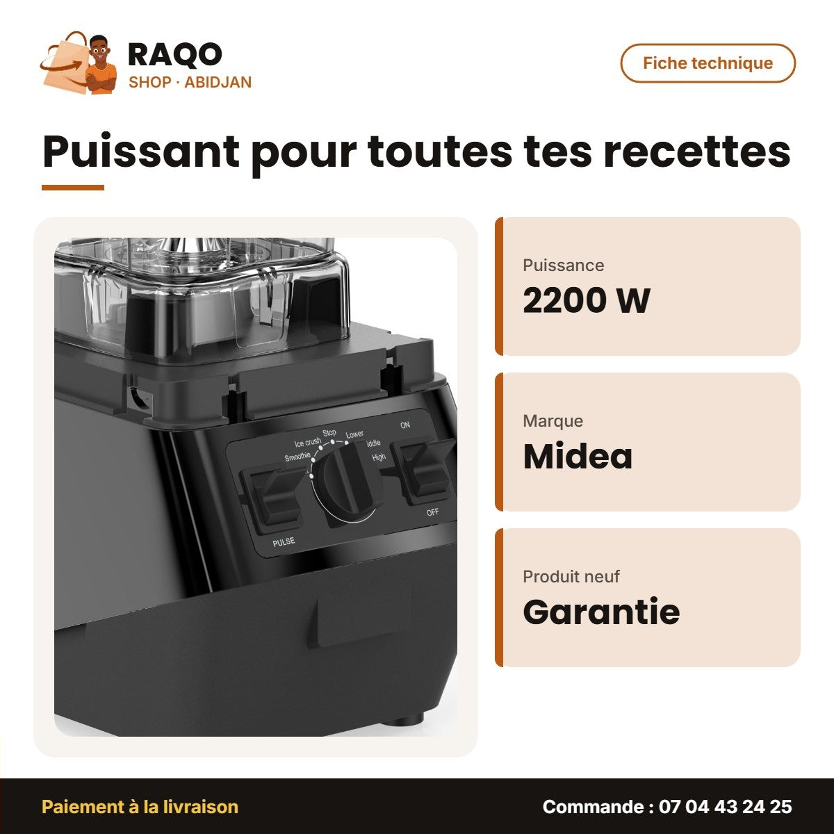 Mixeur Professionnel Midea – Qualité Supérieure – Bol Plastique – 2200W | BL1192