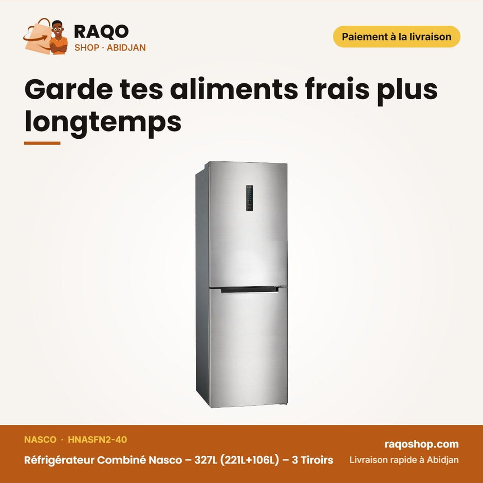 Réfrigérateur Combiné Nasco – 327L (221L+106L) – 3 Tiroirs – Gris Fonce | HNASFN2-40