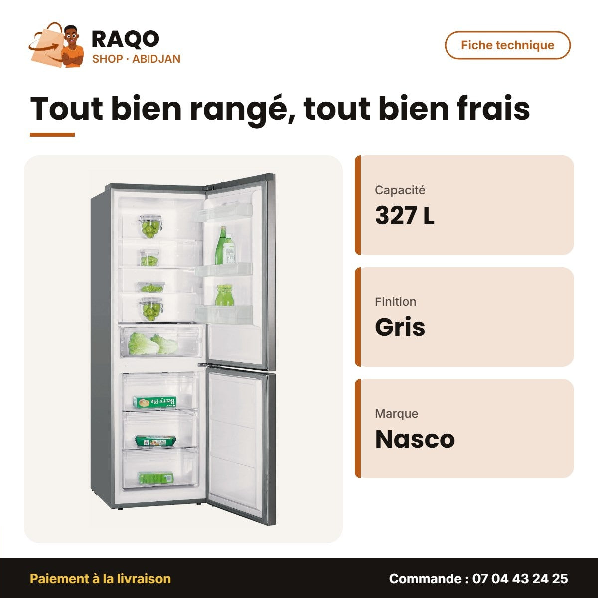 Réfrigérateur Combiné Nasco – 327L (221L+106L) – 3 Tiroirs – Gris Fonce | HNASFN2-40