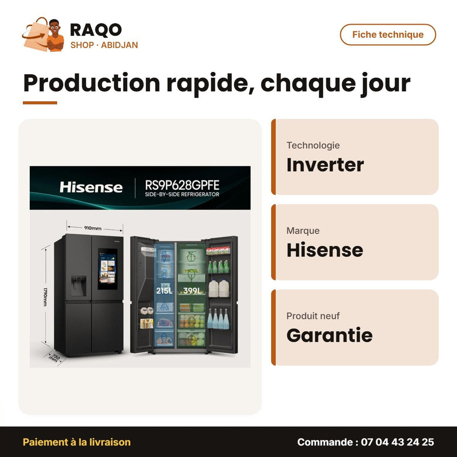 Réfrigérateur Américain Hisense – 2 Portes – Inverter – Distributeur Eau+glac. | RS9P628GTF2