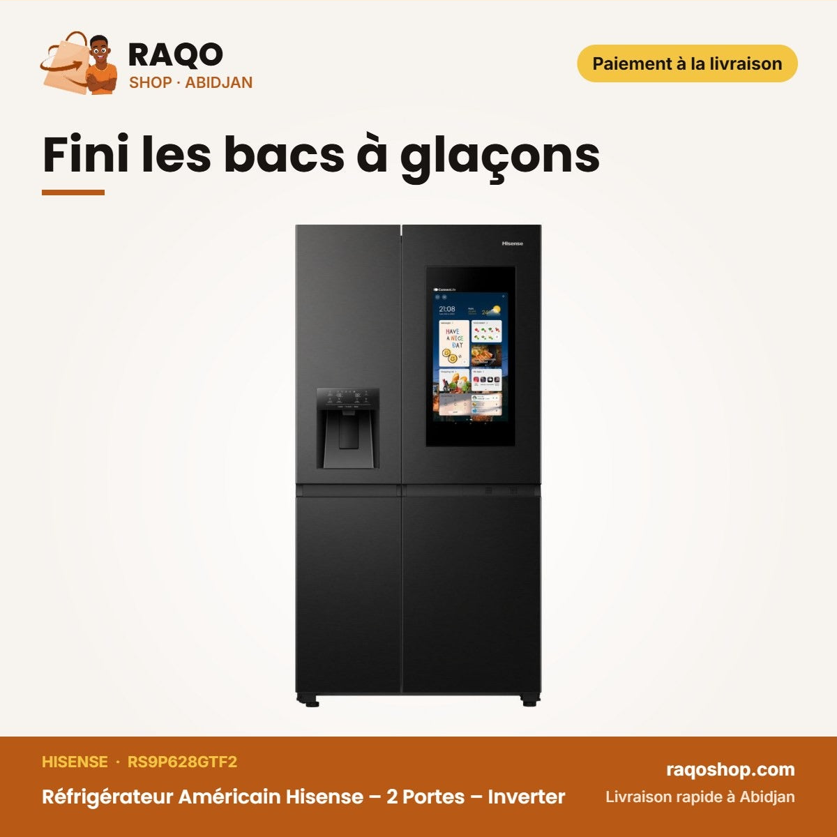 Réfrigérateur Américain Hisense – 2 Portes – Inverter – Distributeur Eau+glac. | RS9P628GTF2