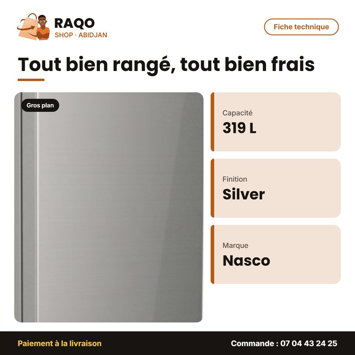Réfrigérateur Combiné Nasco – 319L Net – 3 Tiroirs – Silver | SNASD2-450N1