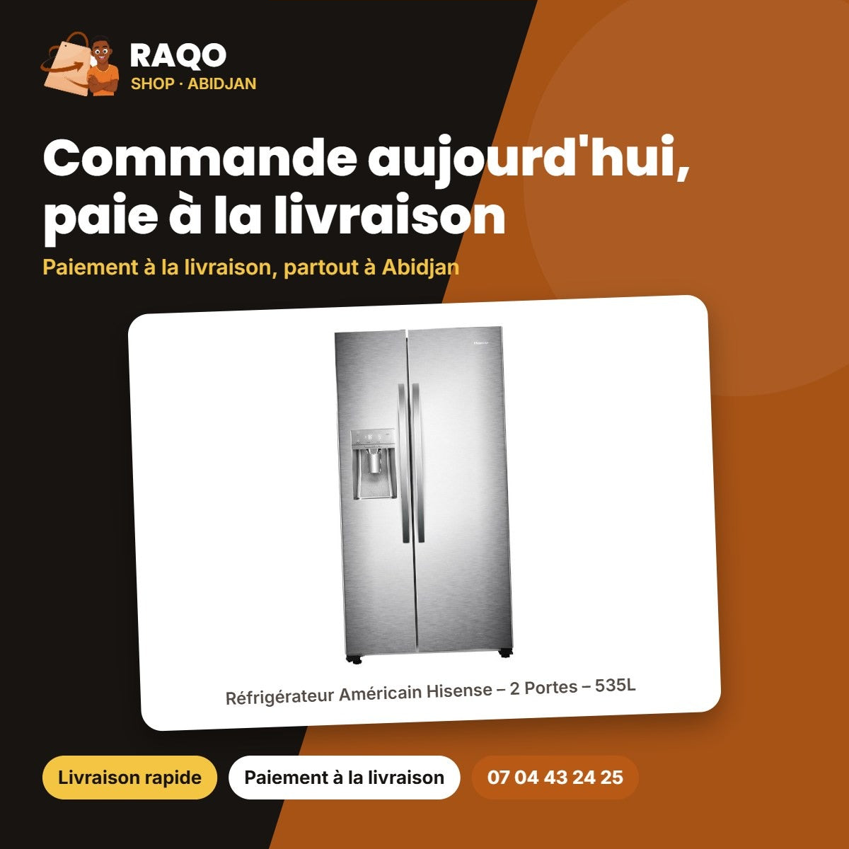 Réfrigérateur Américain Hisense – 2 Portes – 535L – Stainless Steel | RC-70WS4SB