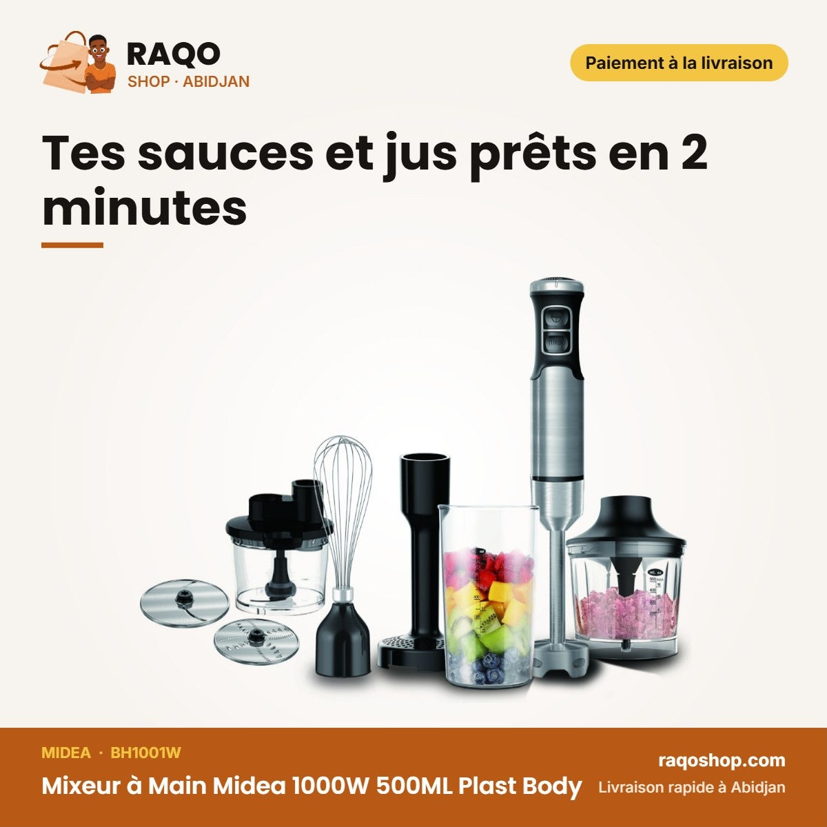 Mixeur à Main Midea 1000W 500ML Plast Body – Kit D'accessoire 2P – Multi Fonction | BH1001W
