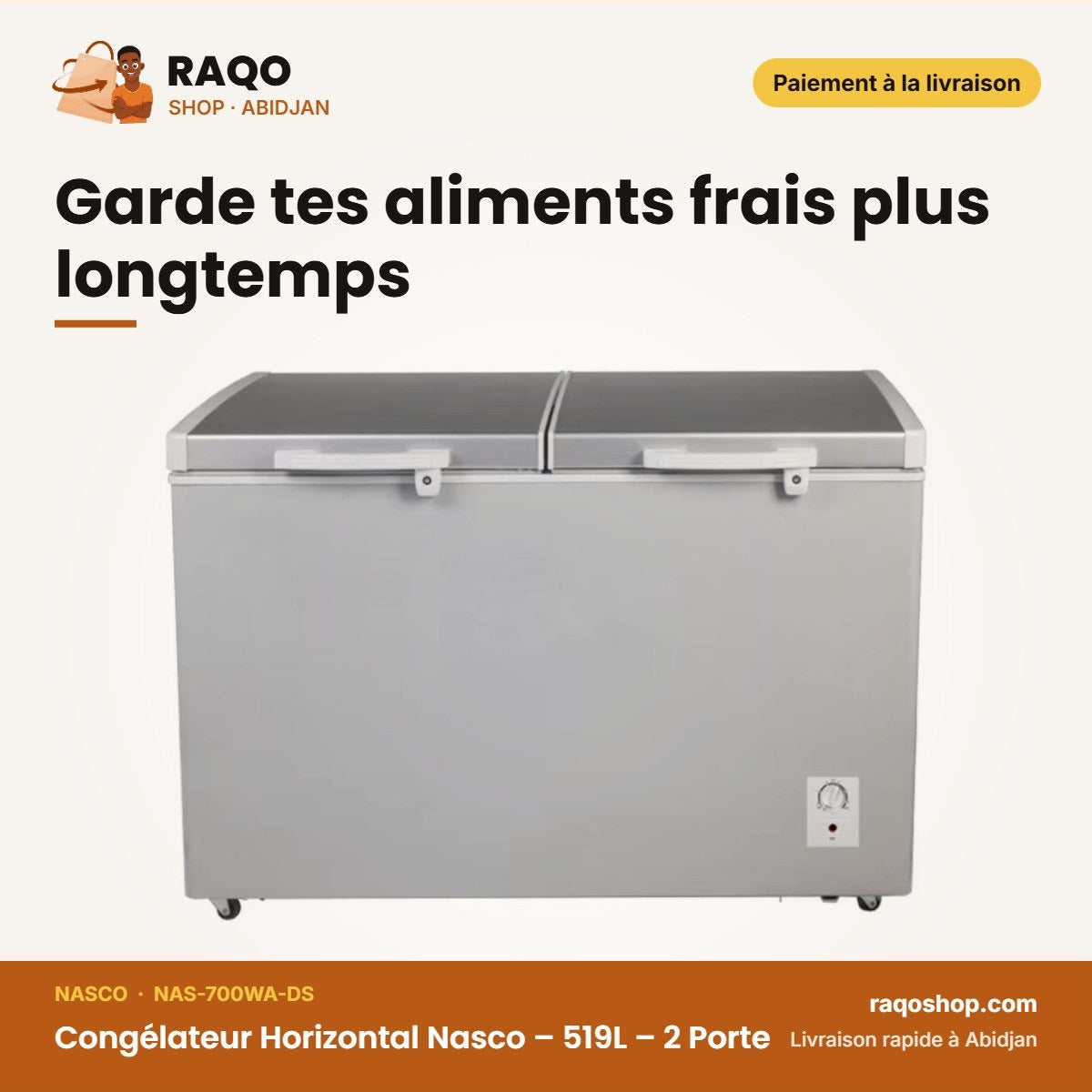 Congélateur Horizontal Nasco – 519L – 2 Porte – 2 Panier Interne | NAS-700WA-DS