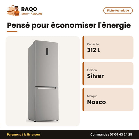 Réfrigérateur Combiné Nasco – 312L Net – 3 Tiroirs – Silver | SNASD2-450N1DS