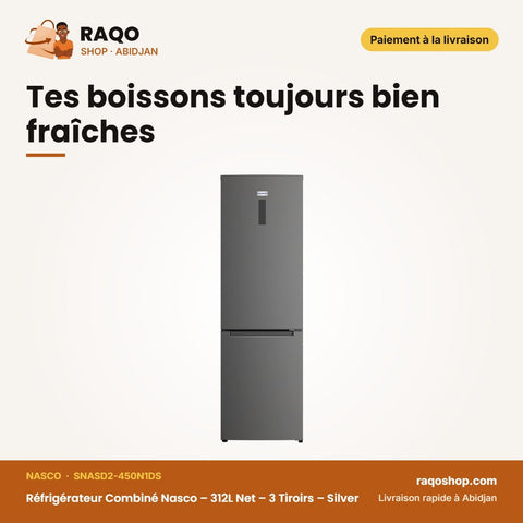 Réfrigérateur Combiné Nasco – 312L Net – 3 Tiroirs – Silver | SNASD2-450N1DS