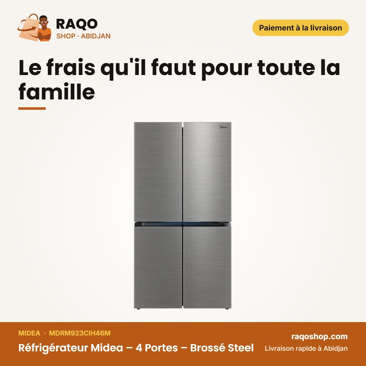 Réfrigérateur Midea – 4 Portes – Brossé Steel – 706L(430L+276L) | MDRM923CIH46M