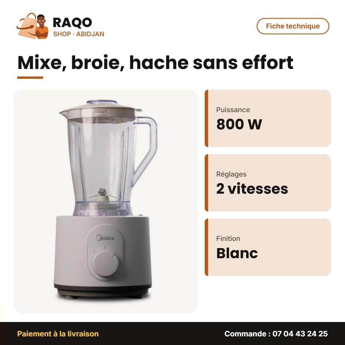 Robot Culinaire Midea – 2 Vitesses – Blanc – 800W | MJ-FP8003W