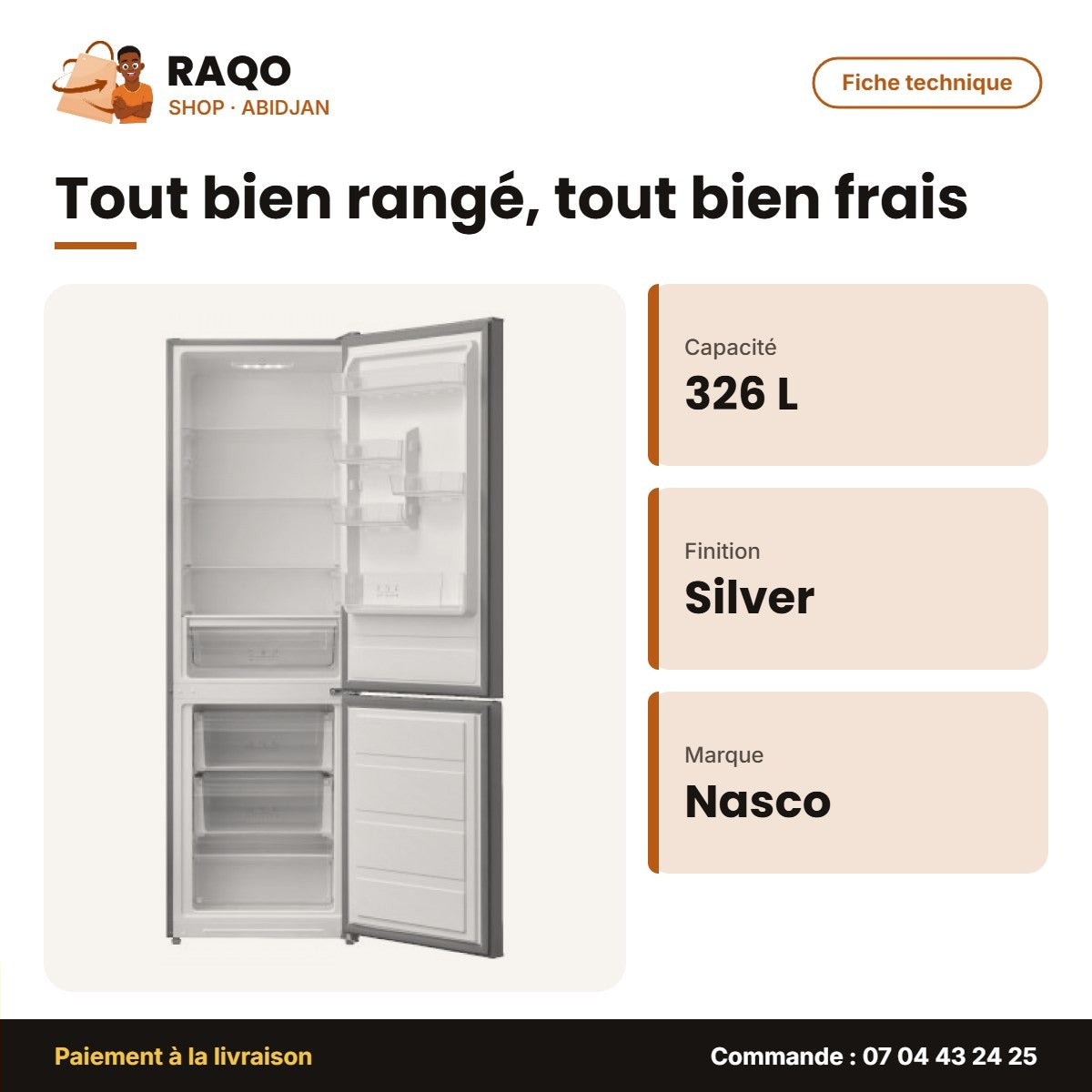 Réfrigérateur Combiné Nasco – Silver – 326L – 3TIROIRS | MNASD2-450N1