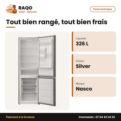 Réfrigérateur Combiné Nasco – Silver – 326L – 3TIROIRS | MNASD2-450N1