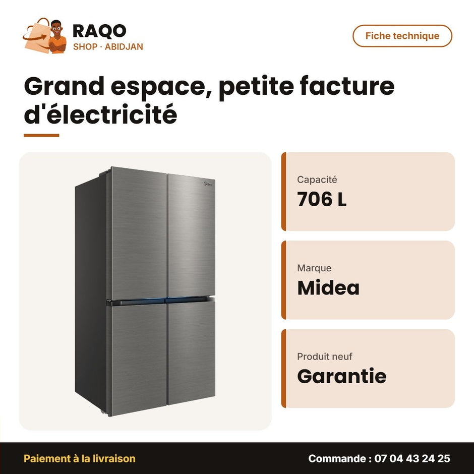 Réfrigérateur Midea – 4 Portes – Brossé Steel – 706L(430L+276L) | MDRM923CIH46M