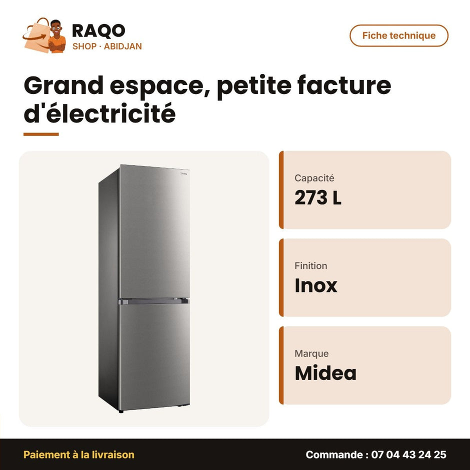 Réfrigérateur Combiné Midea – 273L(173+100) – Acier Inox – 3TIROIRS | MDRB379FGD02