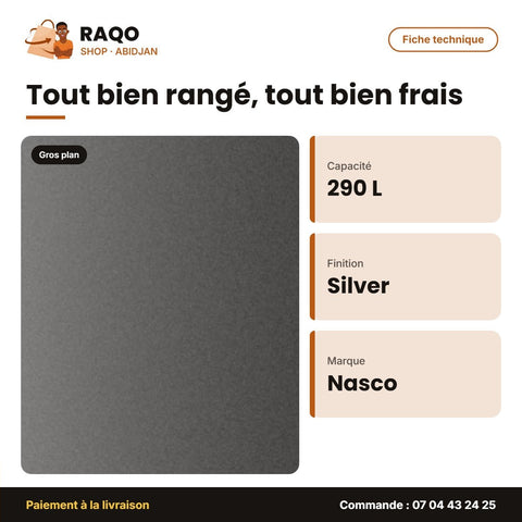 Réfrigérateur Combiné Nasco – Silver – 2TIROIRS+1CASIER – 290LT(201LT+89LT) | SNASD2-400N1