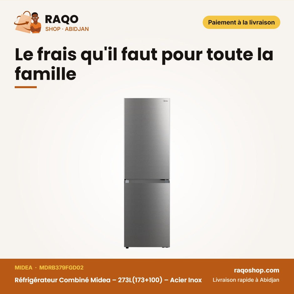 Réfrigérateur Combiné Midea – 273L(173+100) – Acier Inox – 3TIROIRS | MDRB379FGD02